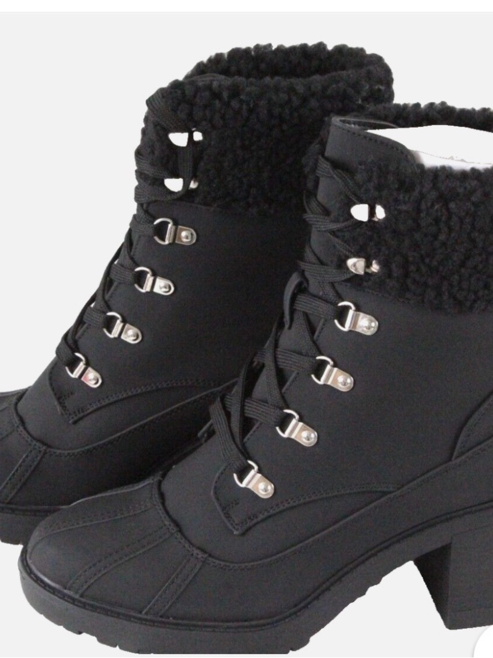 JustFab Black Lace-Up Sherpa Ankle Boots with Block Heel